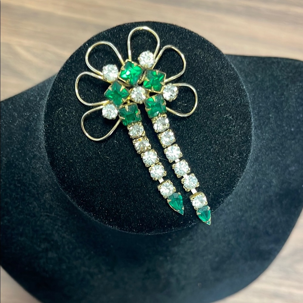 🍄Vintage Emerald Rhinestone Dangle Flower Brooch/Pendant